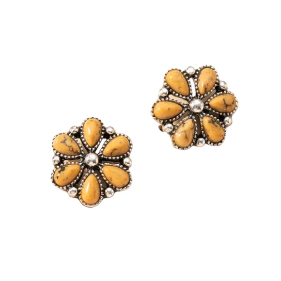 Yellow Turquoise and Silver Flower Stud Earrings - Picture 2 of 5